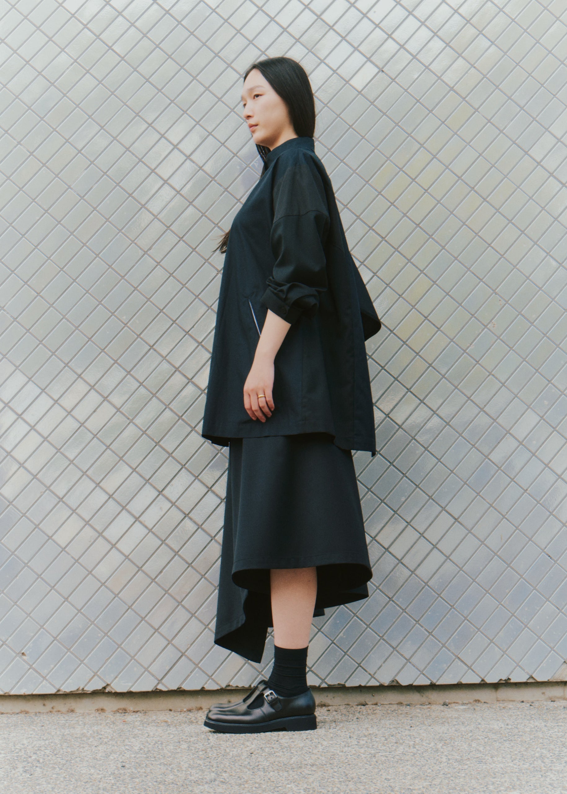 Asymmetric Paneled Overshirt in Cotton Gabardine