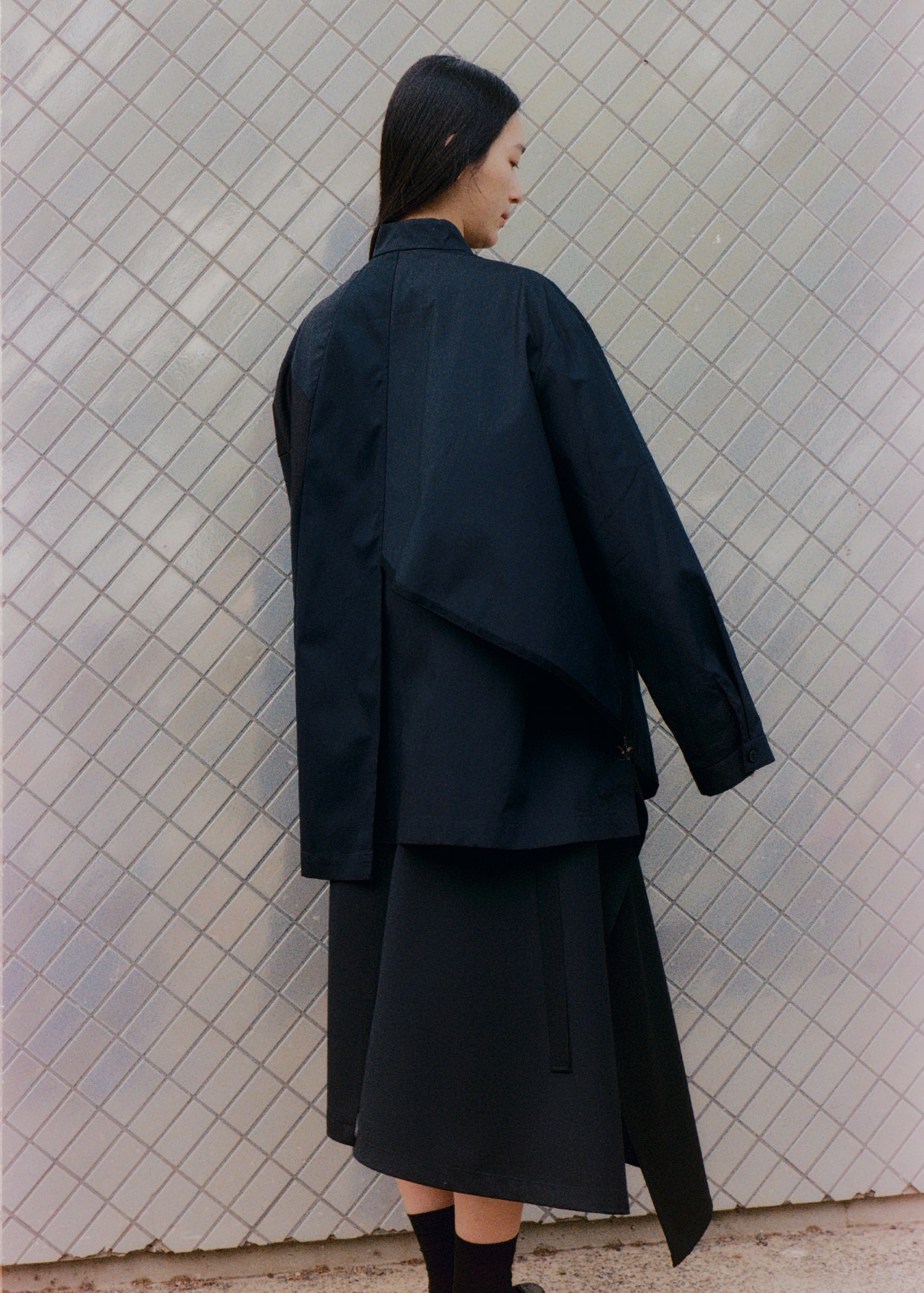 Asymmetric Paneled Overshirt in Cotton Gabardine