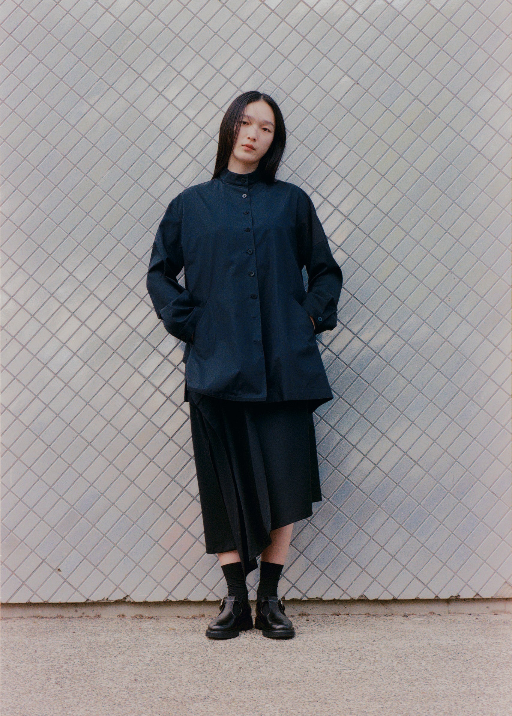 Asymmetric Paneled Overshirt in Cotton Gabardine