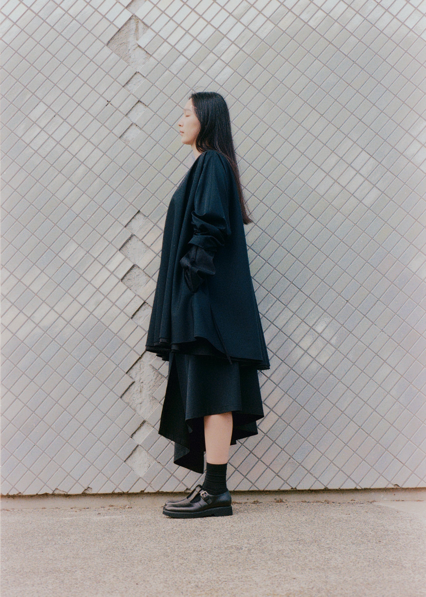 Asymmetric Hem Layered Wrap Skirt in Virgin Wool